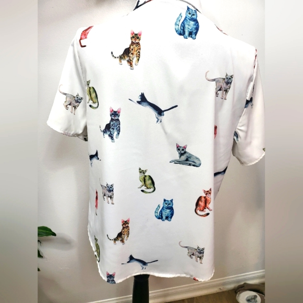 Cat Print Button Shirt Graphic Pattern Short Slee… - image 2